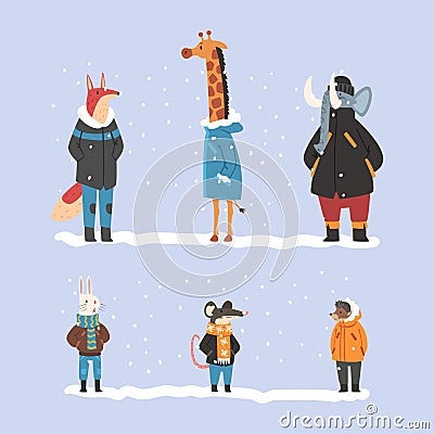 Set animals in warm winter clothes. Fox, giraffe, elephant, rabbit, mouse, hedgehog walking outdoors in cold weather Vector Illustration