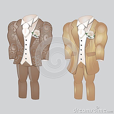 Set of animated mens clothing. Groom suit for wedding celebration isolated on a gray background. Vector illustration. Vector Illustration