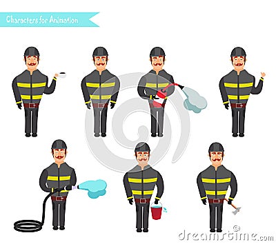 Set for animation of firefighters in uniform, Vector Illustration