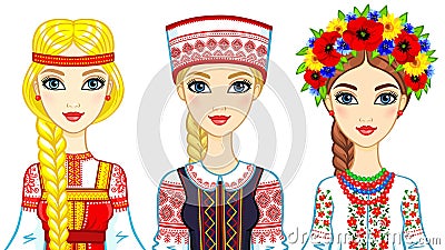 Set of animation portraits of Slavic girls in traditional suits. Russia, Belarus, Ukraine. Vector Illustration