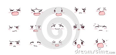 Set of anime kawaii cute different emotions smile Vector Illustration