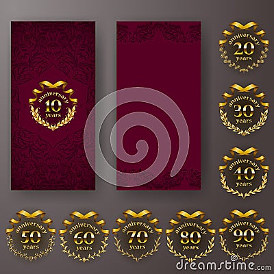 Set of anniversary card, invitation with laurel wreath, number. Decorative gold emblem of jubilee on maroon background Vector Illustration