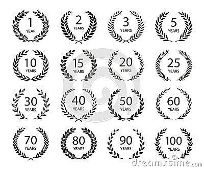 Set of anniversary laurel wreaths. Black and white anniversary symbols isolated on black background. 1, 2, 3, 5, 10, 15, 20, 25, Vector Illustration