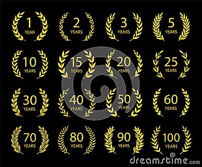 Set of anniversary laurel wreaths. Golden anniversary symbols on black background. 1,2,3,5,10,15,20,25, 30,40,50,60,70,80,90,100 Vector Illustration