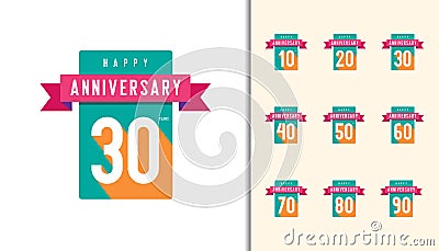 Set of anniversary logotype. Colorful anniversary celebration icons design for booklet, leaflet, magazine, brochure Vector Illustration