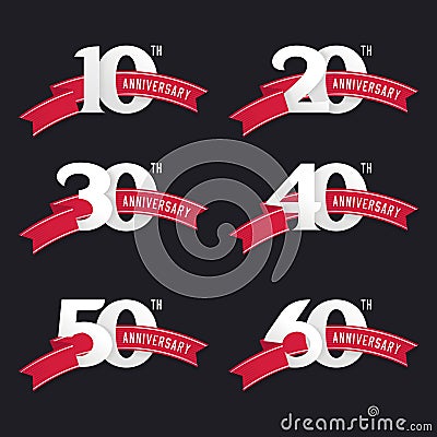 The set of anniversary signs from 10th to 60th. Vector Illustration