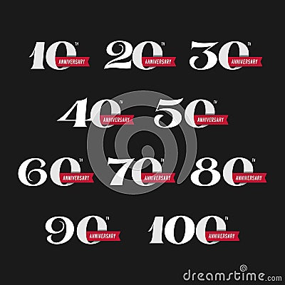 The set of anniversary signs from 10th to 100th Vector Illustration
