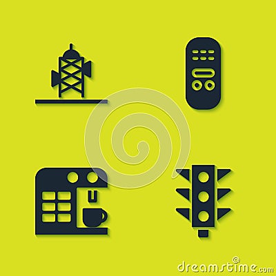 Set Antenna, Traffic light, Coffee machine and Remote control icon. Vector Vector Illustration