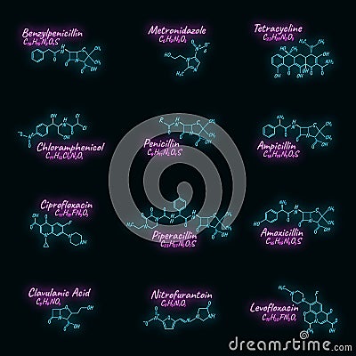 Set of antibiotic chemical formula and composition, concept structural medical drug, isolated on black background, neon style Vector Illustration