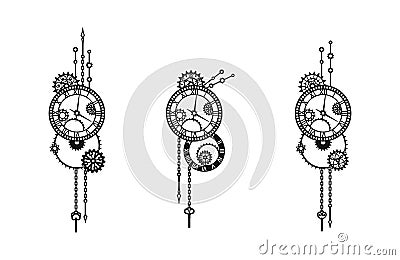 Set antique clocks with gears, cogwheels, chains and windup keys. Steampunk Vector Illustration