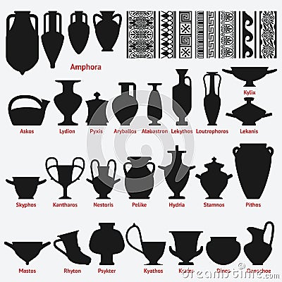 Set of antique Greek vases and border decoration seamless patterns Vector Illustration