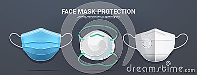 Set antiviral medical respiratory face masks protection against coronavirus covid-19 virus prevention Vector Illustration