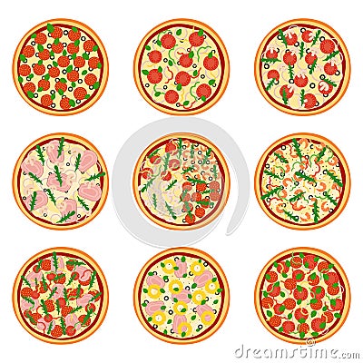 Set of appetizing pizzas, vector illustration Vector Illustration