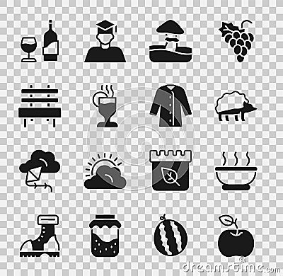 Set Apple, Bowl of hot soup, Hedgehog, Mushroom, Mulled wine, Bench, Wine bottle with glass and Raincoat icon. Vector Vector Illustration