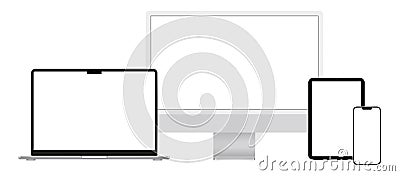 Set of Apple gadgets and devices: MacBook 14 Pro, iMac, iPad mini and iPhone 14, on white background Vector Illustration