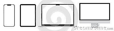 Set of Apple gadgets and devices: MacBook 14 Pro, iMac, iPad mini and iPhone 14, on white background Vector Illustration
