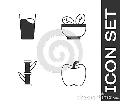 Set Apple, Glass with water, Bamboo and Salad in bowl icon. Vector Vector Illustration