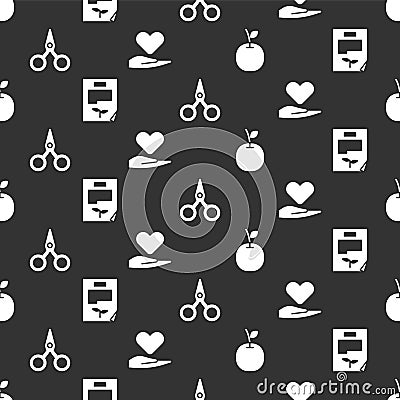 Set Apple, Leaf document, Scissors and Heart on hand on seamless pattern. Vector Vector Illustration