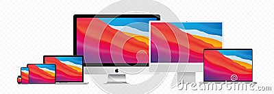 Set of Apple product, Imac, Macbook, Ipad, Iphone and apple watch, isolated on trasparent background, vector editorial Vector Illustration