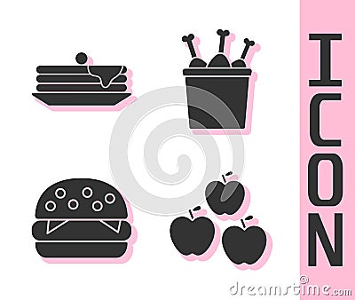 Set Apple, Stack of pancakes, Burger and Chicken leg in package box icon. Vector Vector Illustration