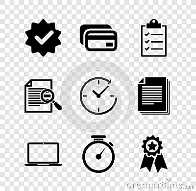 Set Approved and check mark, Credit card, Clipboard with checklist, Laptop, Stopwatch and Medal star icon. Vector Vector Illustration