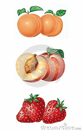Set of Apricots, Peaches, Strawberries Cartoon Illustration