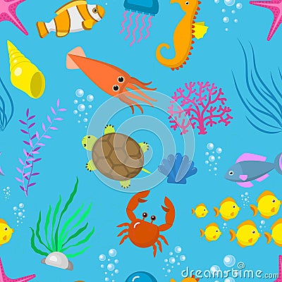 Set aquatic funny sea animals vector underwater creatures cartoon characters shell aquarium sealife seamless pattern Vector Illustration