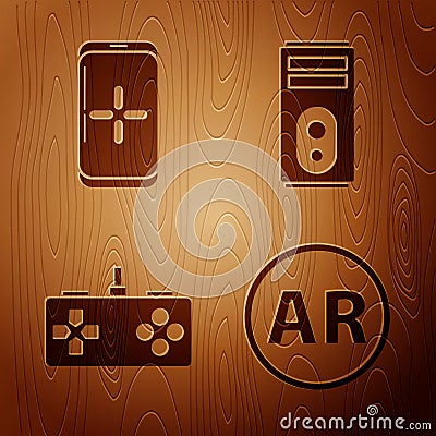 Set Ar, augmented reality, Smartphone and playing in game, Gamepad and Computer on wooden background. Vector Vector Illustration