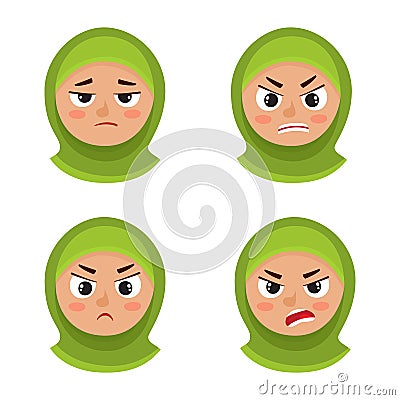 Set of arab girl with hijab angry face expression isolated on white Vector Illustration