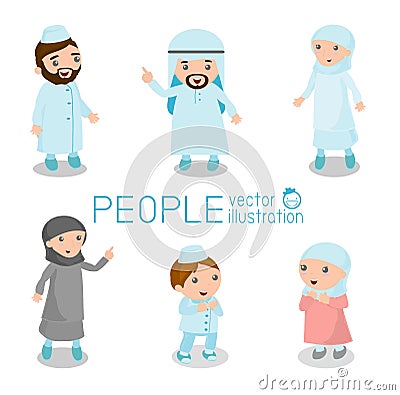 Set of arab people standing deportment various. isolated on white background. arabian kids, Happy Arabic family Vector Illustration