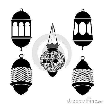 Set of arabic lanterns. Black silhouettes of ramadan lamps. Isolated stock s. Vector Illustration