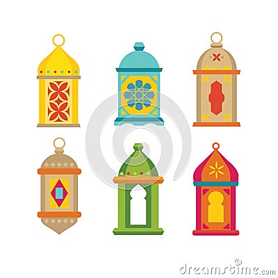 Set of arabic lanterns. Colorful decorative Ramadan lamps icons. Collection of isolated stock vector objects. Flat Vector Illustration