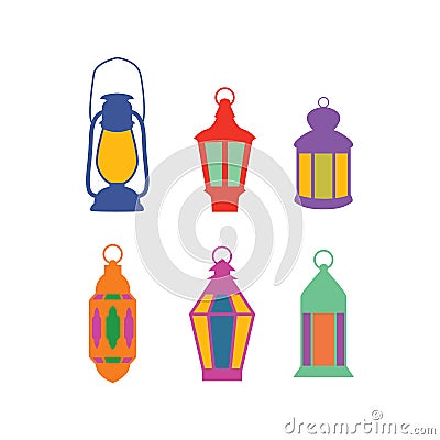 Set of arabic lanterns. Colorful decorative Ramadan lamps icons. Flat design Vector Illustration