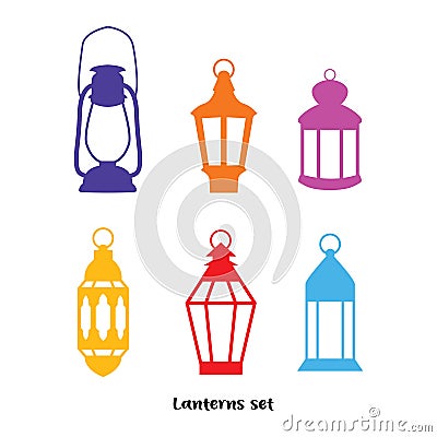 Set of arabic lanterns. Colorful decorative Ramadan lamps icons. Flat design Vector Illustration