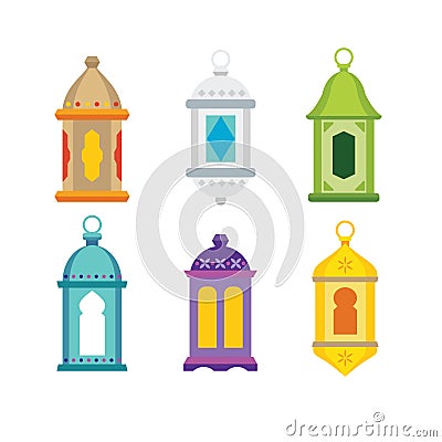 Set of arabic lanterns. Colorful decorative Ramadan lamps icons. Isolated stock vector objects. Flat design. Vector Illustration