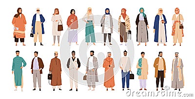 Set of arabic man and woman in hijab vector flat illustration. Collection of stylish muslim business person, male and Vector Illustration