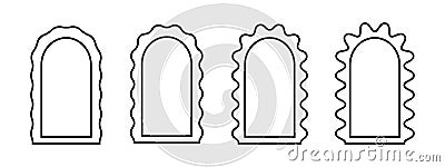 Set of arch frames with wavy edges. Simple geometric archway forms with wiggly borders. Empty boxes, tags or labels Vector Illustration