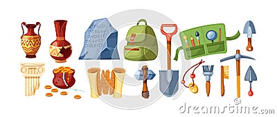 Set of archeology equipment and artifacts ancient. Digging tools excavation civilization exploration Vector Illustration