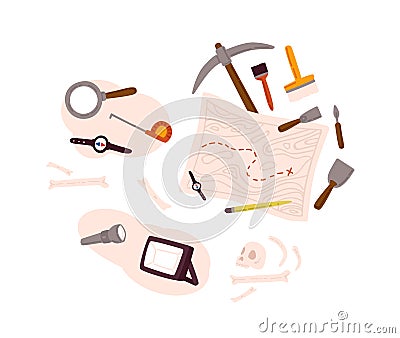 Set of archeology equipment icon with digging out tools, ancient artifacts, map isolated on white background. Collection Vector Illustration