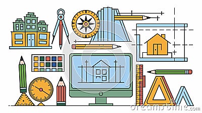 Set architect doodle icons, building project, compass, architecture flat blueprint layout, house plan, color palette, protrac... Vector Illustration