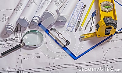 Set of architect tools on blueprint Stock Photo