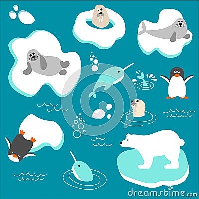 Vector collection of polar animals in flat style Vector Illustration