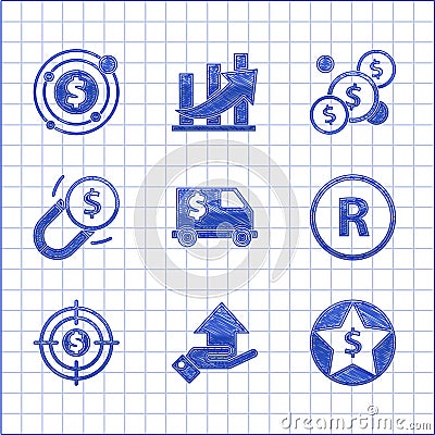 Set Armored truck, Money on hand, Star dollar, Registered Trademark, Target with, Magnet money, Coin and symbol icon Vector Illustration
