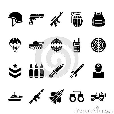 Set of Army Icons Glyph Style Vector Illustration