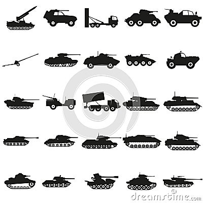 Set Army transport black silhouette icons Vector. Vector Illustration