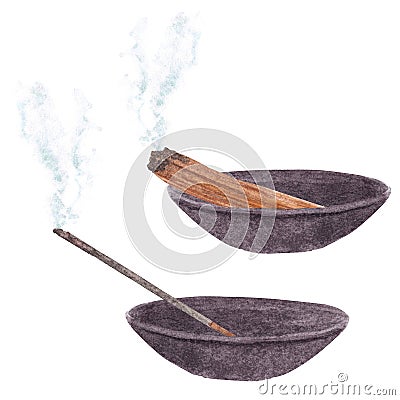 Set for aromatherapy. Watercolor hand drawn burning aromatic incense stick and palo santo wood in bowl isolated on white backgroun Stock Photo