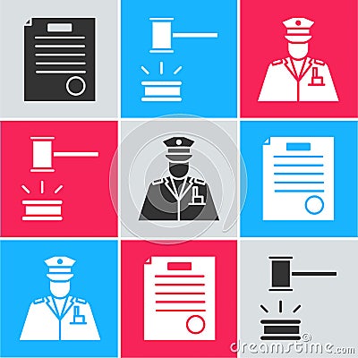 Set The arrest warrant, Judge gavel and Police officer icon Vector Illustration