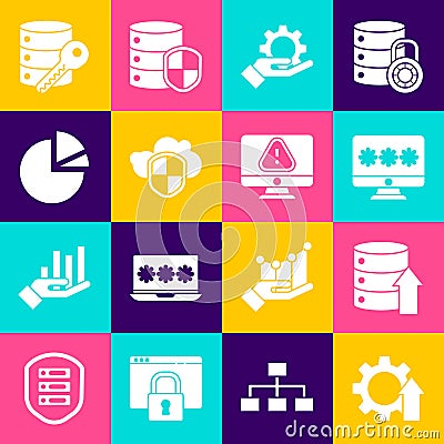 Set Arrow growth gear, Server, Data, Web Hosting, Monitor with password, Hand settings, Cloud shield, Pie chart Vector Illustration