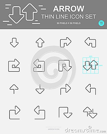 Set of Arrow Vector Line Icons. Includes cundo, right, back, point, divide and more. 50 x 50 Pixel Vector Illustration