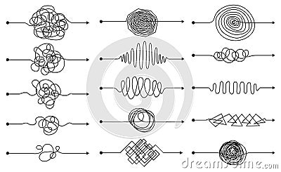 Set of arrows chaos mindset mess. Doodle knot lines concept with freehand scrawl sketchs. Vector hand drawn difficult Vector Illustration